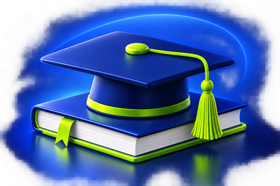 A navy graduation cap with a lemon-green tassel resting on a closed book.