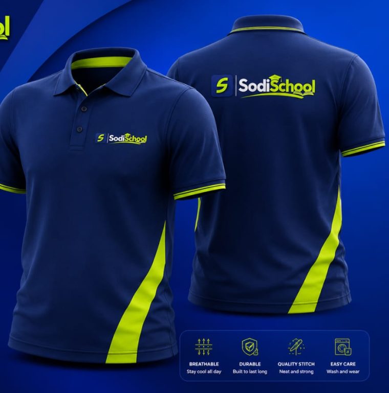The SodiSchool partner polo shirt shown from the front and back, in navy with lemon-green panels and the SodiSchool logo.