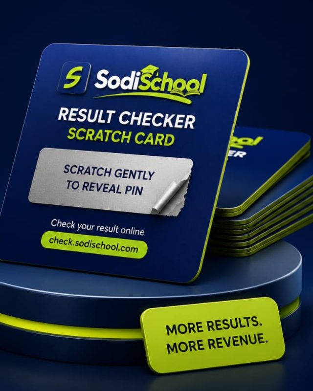 A SodiSchool Result Checker scratch card standing on a podium, with a silver panel reading "scratch gently to reveal PIN" and a stack of further cards behind it.